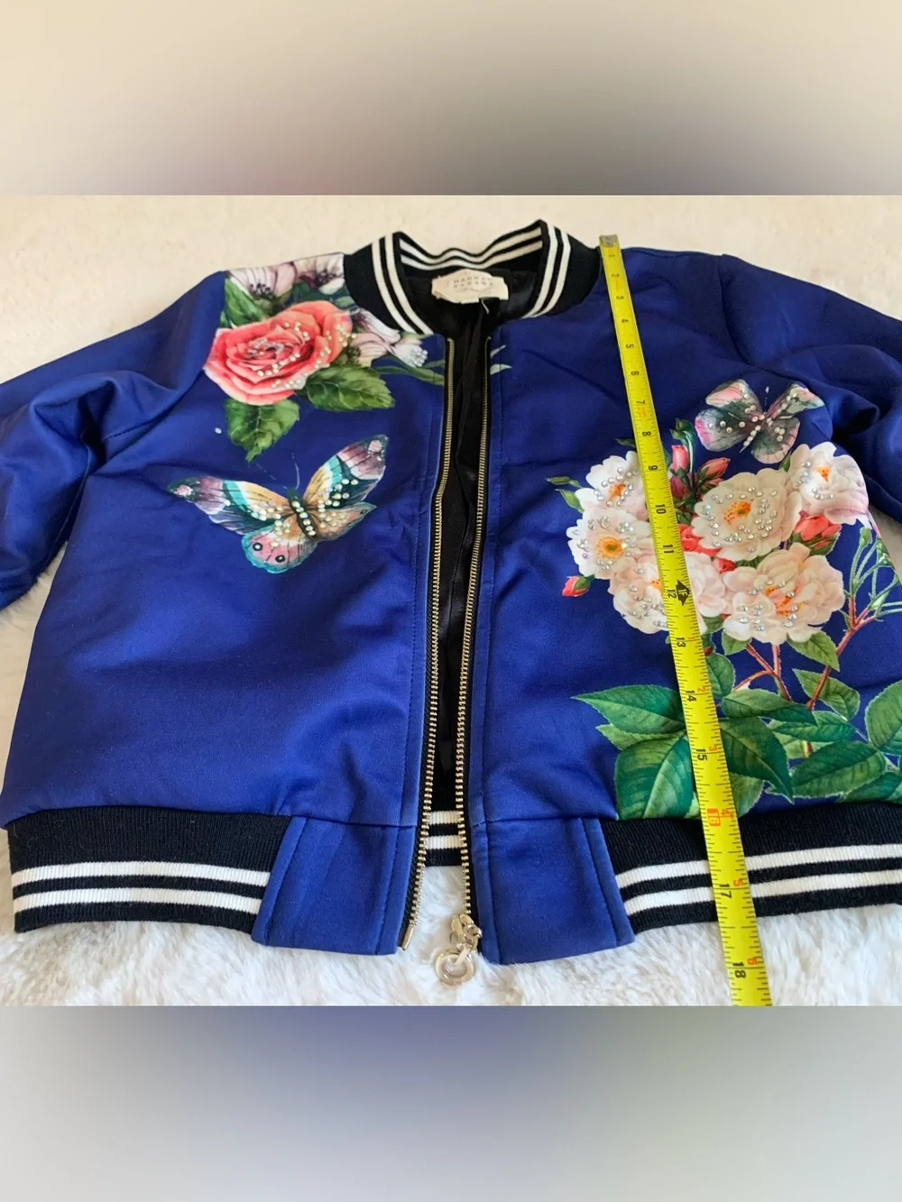 Hannah Banana blue bomber jacket flowers rhinestones Girl 10
